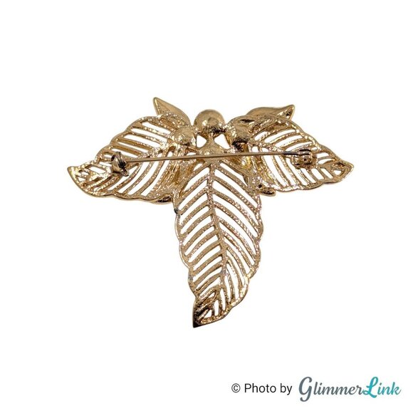 Vintage Filigree Openwork Leaf Trio Faux Pearl Rhinestone Gold Tone Brooch - Picture 5 of 8